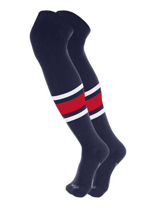 Dugout 3 Stripe Over the Knee Baseball Socks Pattern E (Navy/White/Scarlet, Large)