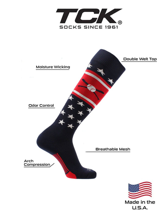Patriotic USA Baseball Socks with Baseball Bats Logo