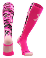 MadSportsStuff socks Neon Pink/Pale Pink / Large Pink Ribbon Breast Cancer Awareness Camo Over the Calf Socks (multiple colors)