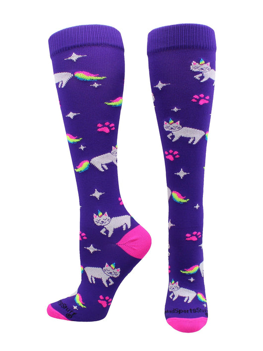 Half Cat Half Unicorn - Neon Rainbow Caticorn Athletic Over the Calf Socks
