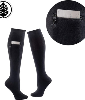 IQ socks 2 Pairs Black & Grey / Medium Performance Knee High Socks with Zip Pocket Miss Zippy
