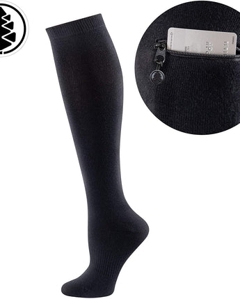 IQ socks 2 Pairs Black & Grey / Medium Performance Knee High Socks with Zip Pocket Miss Zippy