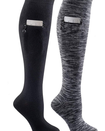 IQ socks 2 Pairs Black & Grey / Medium Performance Knee High Socks with Zip Pocket Miss Zippy