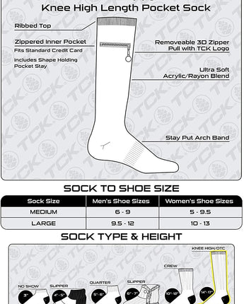 IQ socks 2 Pairs Black & Grey / Medium Performance Knee High Socks with Zip Pocket Miss Zippy