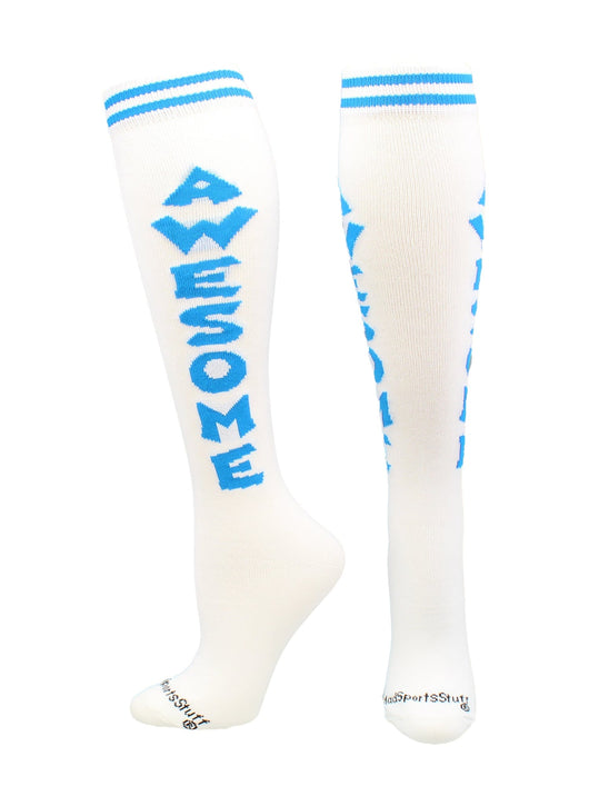 MadSportsStuff socks Awesome - White/Blue / Large Personality Word Socks Over the Calf Length