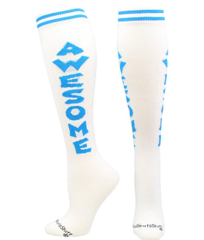 MadSportsStuff socks Awesome - White/Blue / Large Personality Word Socks Over the Calf Length