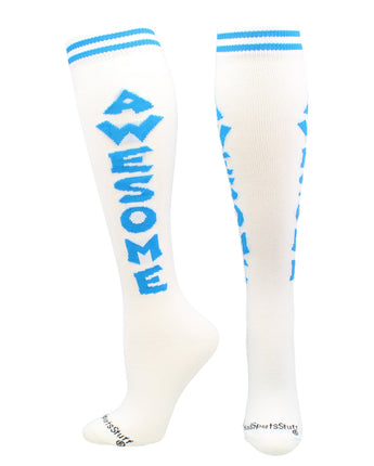 MadSportsStuff socks Awesome - White/Blue / Large Personality Word Socks Over the Calf Length