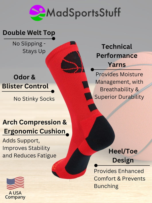 MadSportsStuff socks Basketball Socks with Basketball Logo Athletic Crew Socks - made in the USA