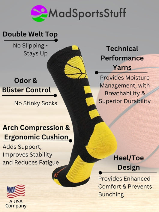 MadSportsStuff socks Basketball Socks with Basketball Logo Athletic Crew Socks - made in the USA