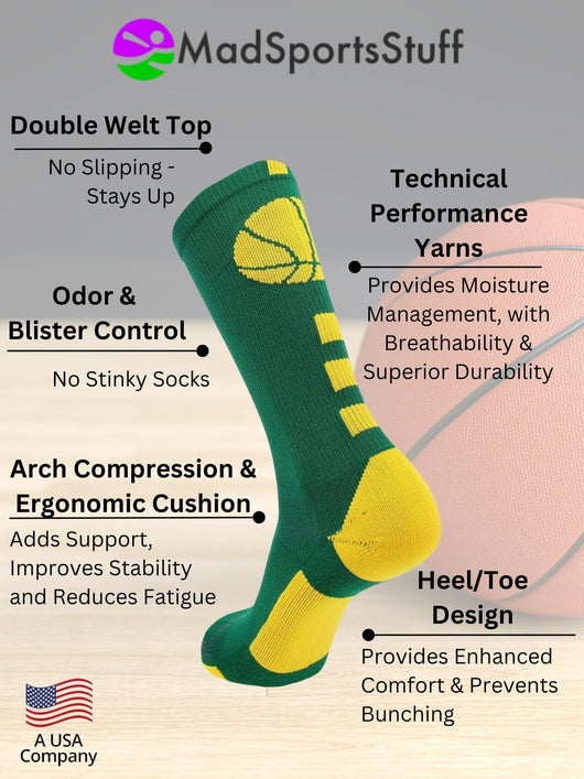 MadSportsStuff socks Basketball Socks with Basketball Logo Athletic Crew Socks - made in the USA