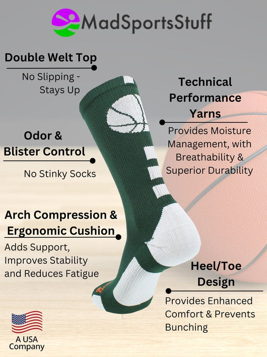 MadSportsStuff socks Basketball Socks with Basketball Logo Athletic Crew Socks - made in the USA