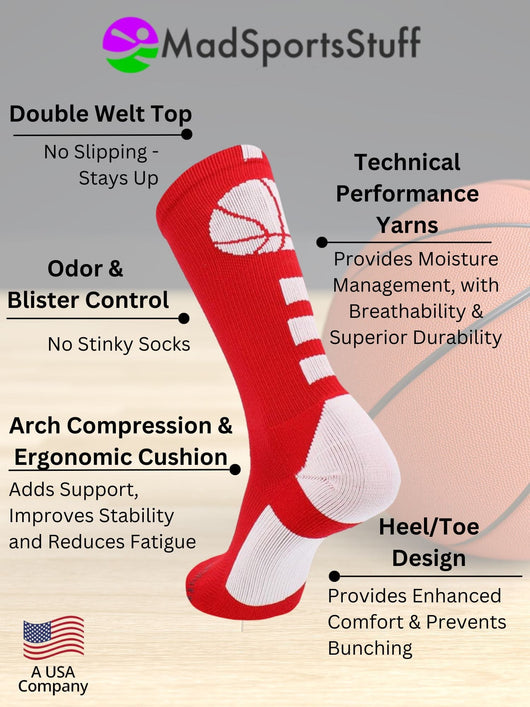 MadSportsStuff socks Basketball Socks with Basketball Logo Athletic Crew Socks - made in the USA