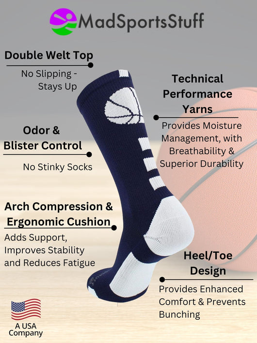 MadSportsStuff socks Basketball Socks with Basketball Logo Athletic Crew Socks - made in the USA