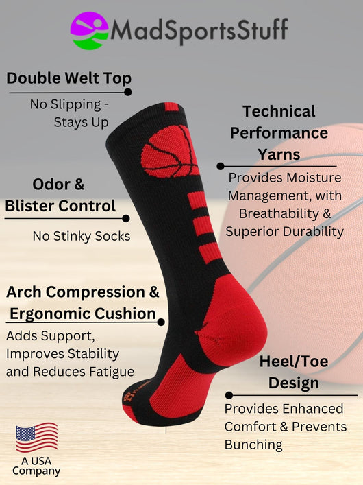 MadSportsStuff socks Basketball Socks with Basketball Logo Athletic Crew Socks - made in the USA