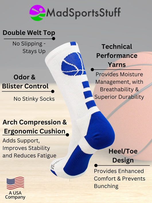 MadSportsStuff socks Basketball Socks with Basketball Logo Athletic Crew Socks - made in the USA