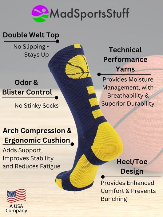 MadSportsStuff socks Basketball Socks with Basketball Logo Athletic Crew Socks - made in the USA