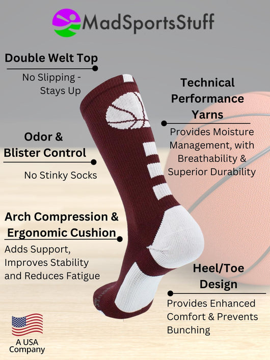 MadSportsStuff socks Basketball Socks with Basketball Logo Athletic Crew Socks - made in the USA