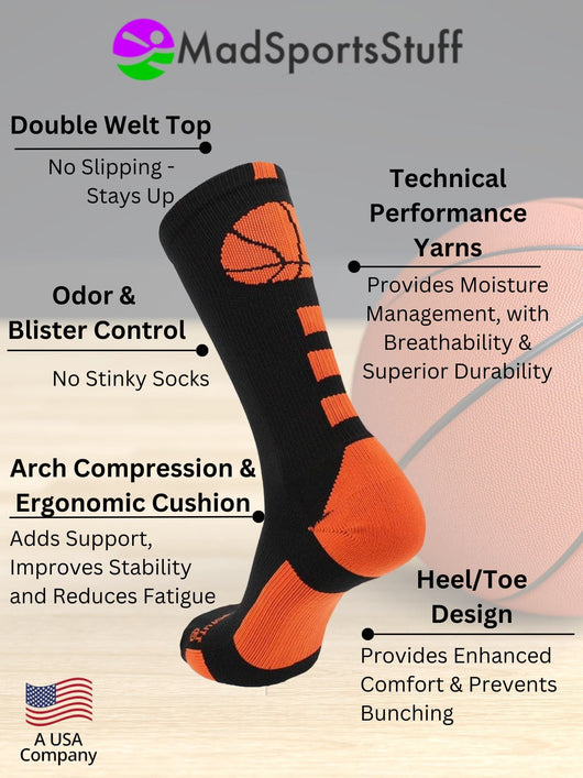 MadSportsStuff socks Basketball Socks with Basketball Logo Athletic Crew Socks - made in the USA