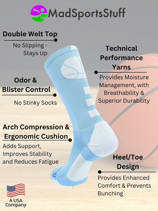 MadSportsStuff socks Basketball Socks with Basketball Logo Athletic Crew Socks - made in the USA