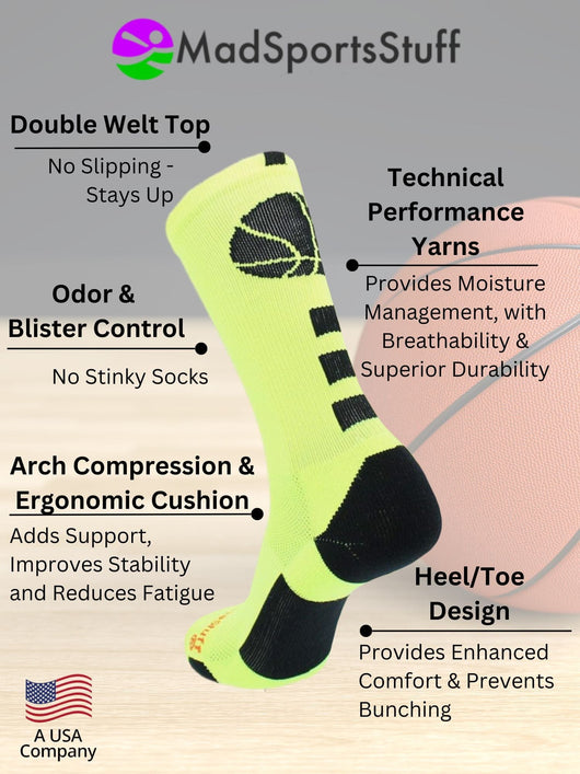 MadSportsStuff socks Basketball Socks with Basketball Logo Athletic Crew Socks - made in the USA