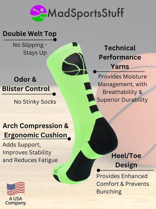 MadSportsStuff socks Basketball Socks with Basketball Logo Athletic Crew Socks - made in the USA