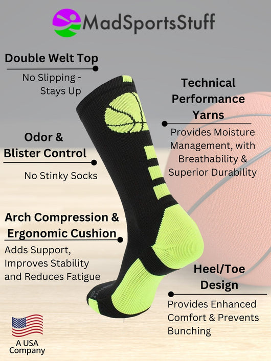 MadSportsStuff socks Basketball Socks with Basketball Logo Athletic Crew Socks - made in the USA