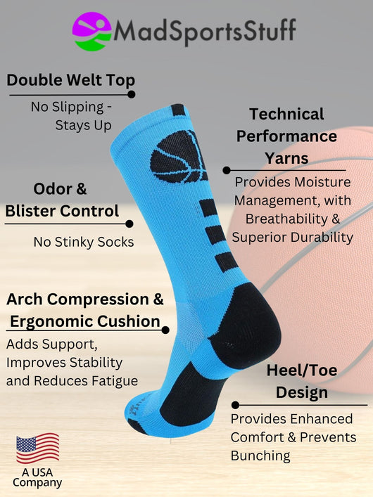 MadSportsStuff socks Basketball Socks with Basketball Logo Athletic Crew Socks - made in the USA