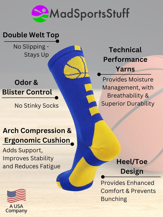 MadSportsStuff socks Basketball Socks with Basketball Logo Athletic Crew Socks - made in the USA