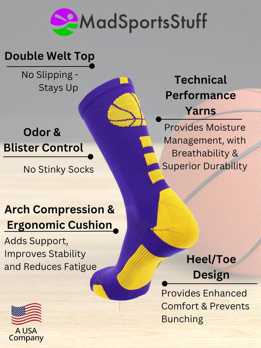 MadSportsStuff socks Basketball Socks with Basketball Logo Athletic Crew Socks - made in the USA