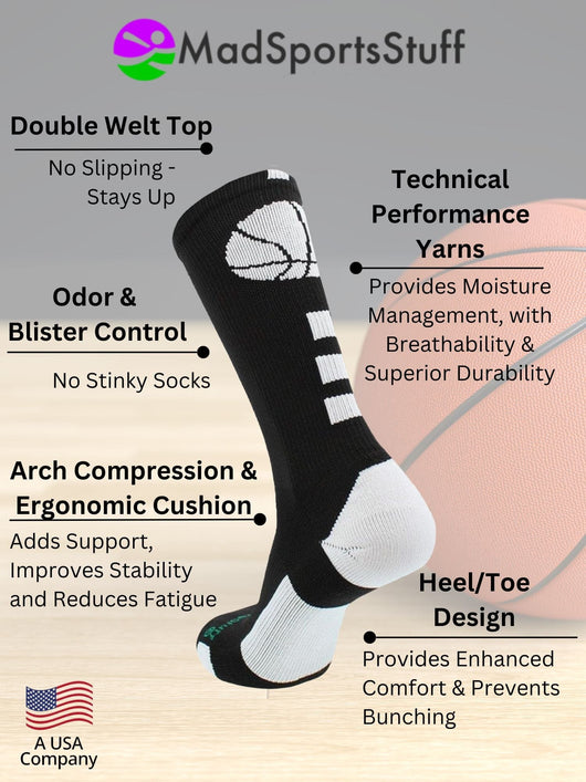 MadSportsStuff socks Basketball Socks with Basketball Logo Athletic Crew Socks - made in the USA