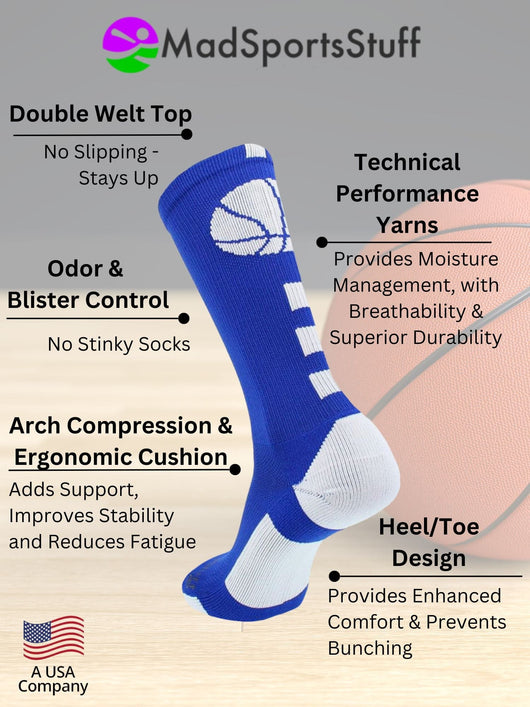 MadSportsStuff socks Basketball Socks with Basketball Logo Athletic Crew Socks - made in the USA