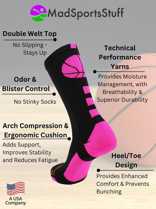 MadSportsStuff socks Basketball Socks with Basketball Logo Athletic Crew Socks - made in the USA