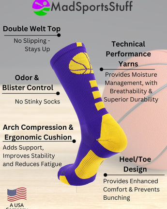 MadSportsStuff socks Basketball Socks with Basketball Logo Athletic Crew Socks - made in the USA - Large