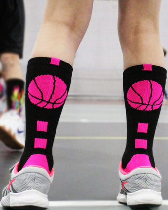 MadSportsStuff socks Basketball Socks with Basketball Logo Athletic Crew Socks - made in the USA - Large