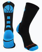 MadSportsStuff socks Black/Electric Blue Basketball Socks with Basketball Logo Athletic Crew Socks - made in the USA - Large