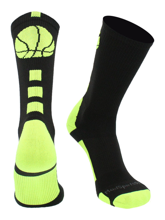 MadSportsStuff socks Black/Electric Green / Large Basketball Socks with Basketball Logo Athletic Crew Socks - made in the USA