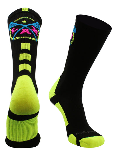 MadSportsStuff socks Black/Electric Green / Large LAX Lacrosse Socks with Lacrosse Sticks Athletic Crew Socks (multiple colors)