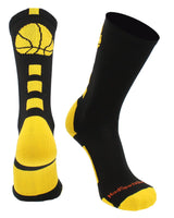 MadSportsStuff socks Black/Gold Basketball Socks with Basketball Logo Athletic Crew Socks - made in the USA - Large