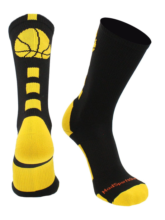 MadSportsStuff socks Black/Gold / Large Basketball Socks with Basketball Logo Athletic Crew Socks - made in the USA