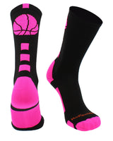 MadSportsStuff socks Black/Neon Pink Basketball Socks with Basketball Logo Athletic Crew Socks - made in the USA - Large