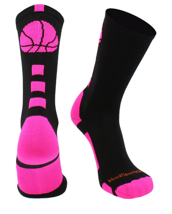 MadSportsStuff socks Black/Neon Pink Basketball Socks with Basketball Logo Athletic Crew Socks - made in the USA - Large