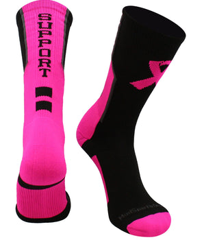 MadSportsStuff socks Black/Neon Pink/Graphite / Large Pink Ribbon Breast Cancer Awareness Support Athletic Crew Socks