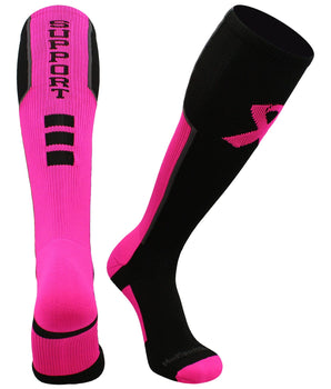 MadSportsStuff socks Black/Neon Pink/Graphite / Large Pink Ribbon Breast Cancer Awareness Support Athletic Over the Calf Socks