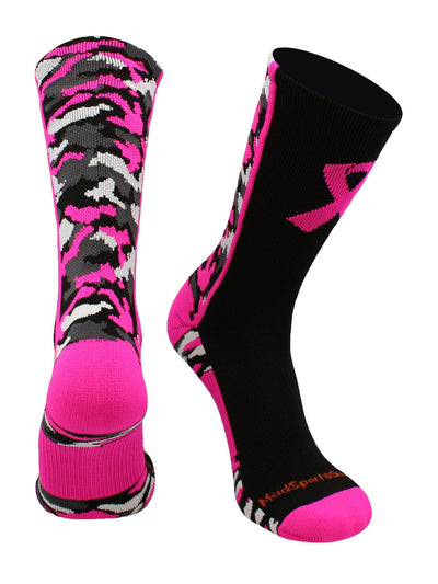 MadSportsStuff socks Black/Neon Pink / Large Pink Ribbon Breast Cancer Awareness Camo Athletic Crew Socks (multiple colors)