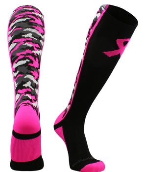 MadSportsStuff socks Black/Neon Pink / Large Pink Ribbon Breast Cancer Awareness Camo Over the Calf Socks (multiple colors)