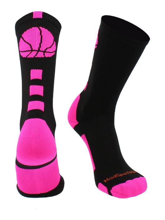 MadSportsStuff socks Black/Neon Pink / X-Small Basketball Socks with Basketball Logo Athletic Crew Socks - made in the USA