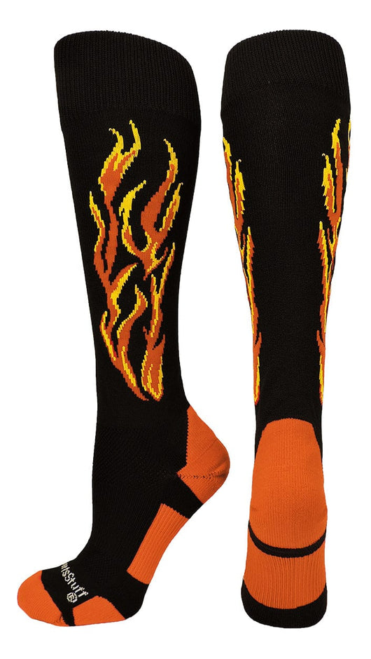 MadSportsStuff socks Black/Orange/Gold / Large Flame Soccer Style Over the Calf Athletic Socks (multiple colors)