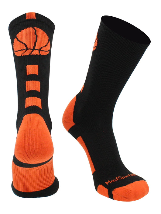 MadSportsStuff socks Black/Orange / Large Basketball Socks with Basketball Logo Athletic Crew Socks - made in the USA