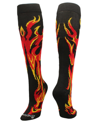 MadSportsStuff socks Black/Red/Gold / Large Flame Socks Athletic Over the Calf Socks (multiple colors)
