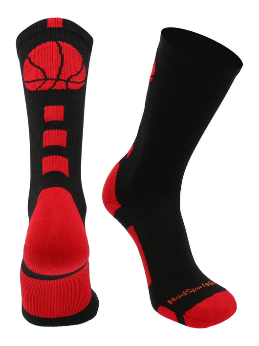 MadSportsStuff socks Black/Scarlet / Large Basketball Socks with Basketball Logo Athletic Crew Socks - made in the USA